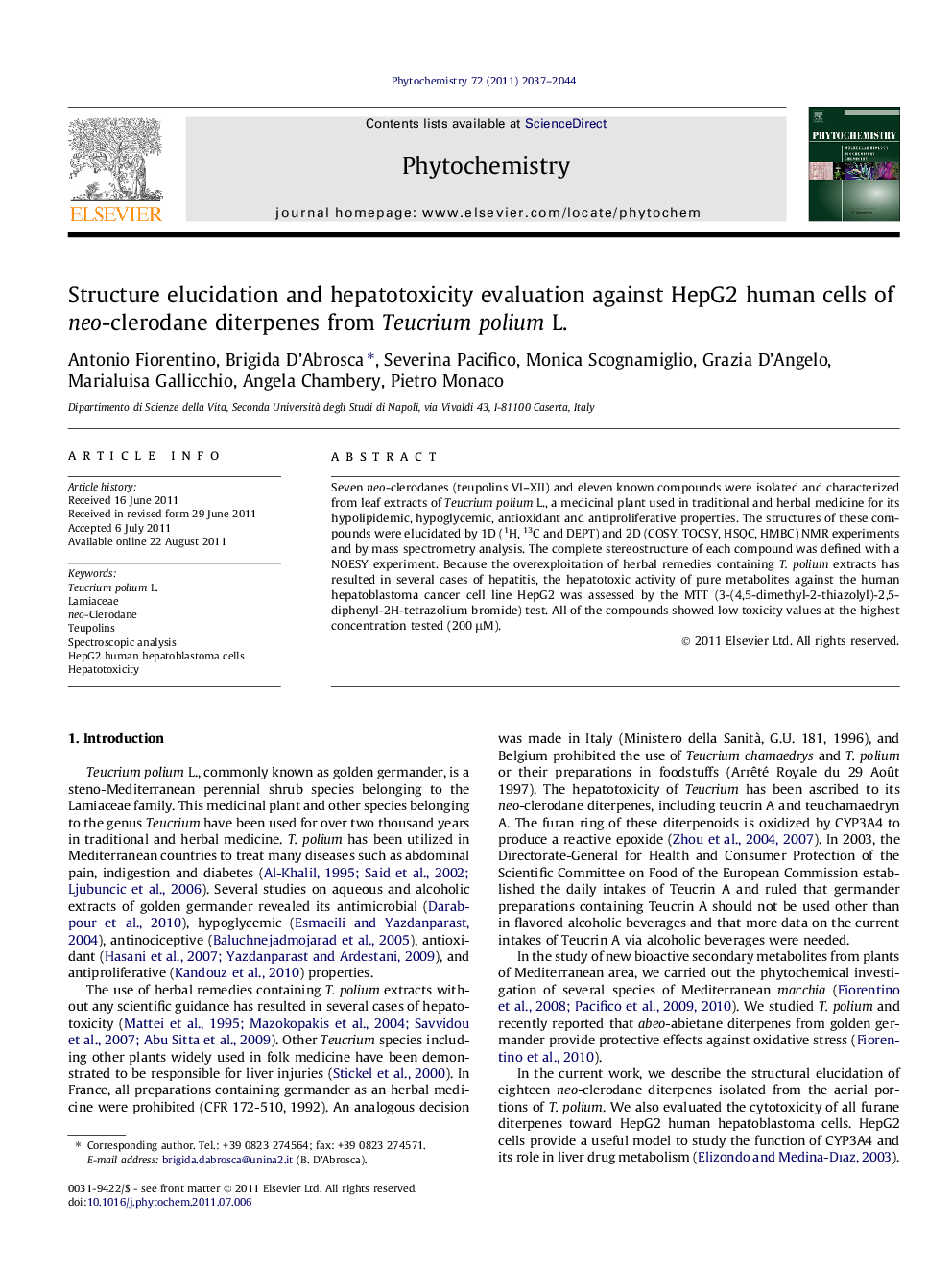 Structure elucidation and hepatotoxicity evaluation against HepG2 human cells of neo-clerodane diterpenes from Teucrium polium L.