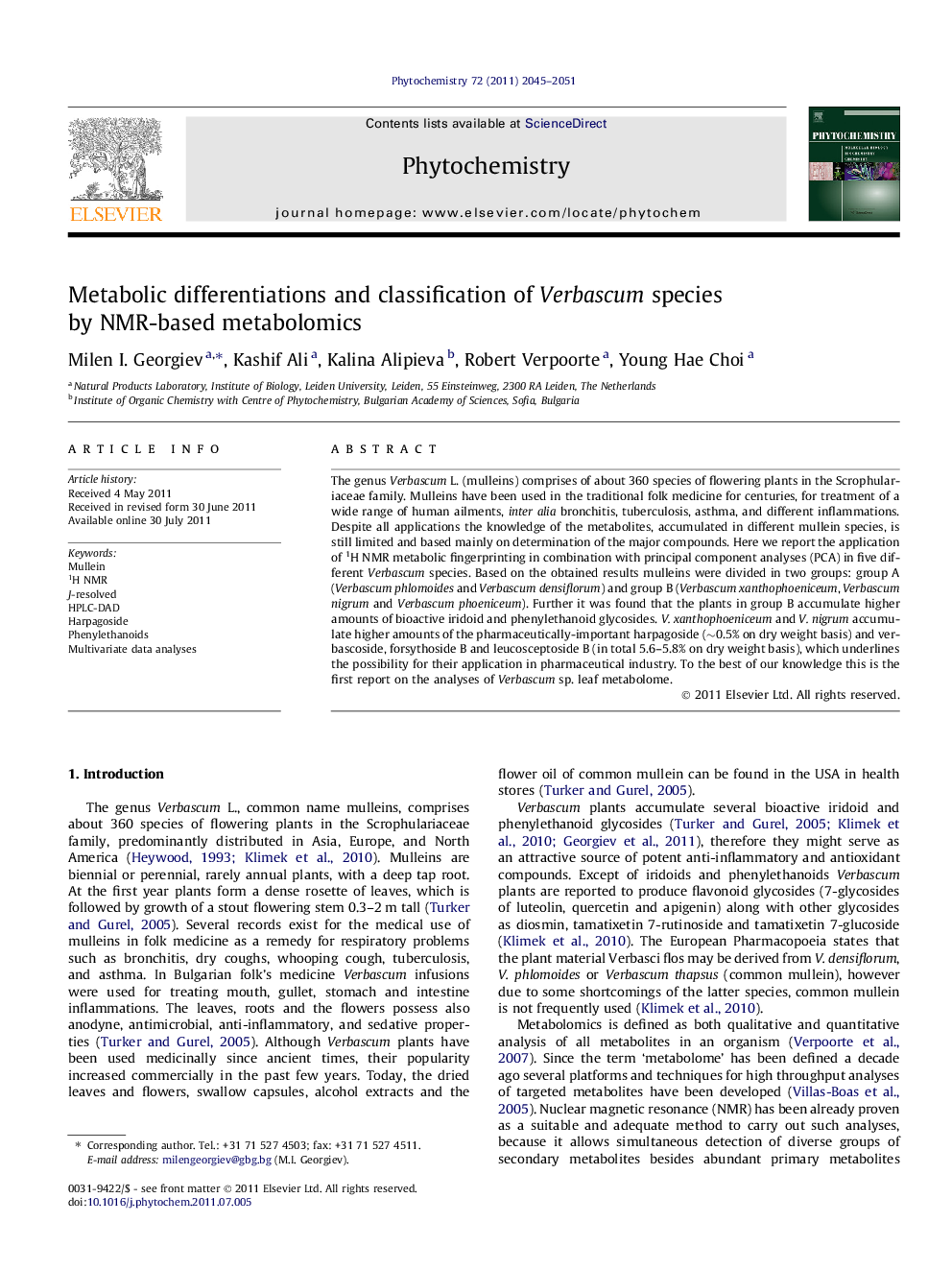 Metabolic differentiations and classification of Verbascum species by NMR-based metabolomics