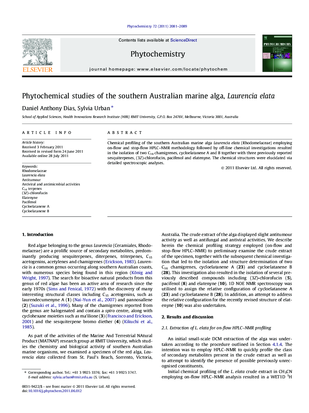 Phytochemical studies of the southern Australian marine alga, Laurencia elata