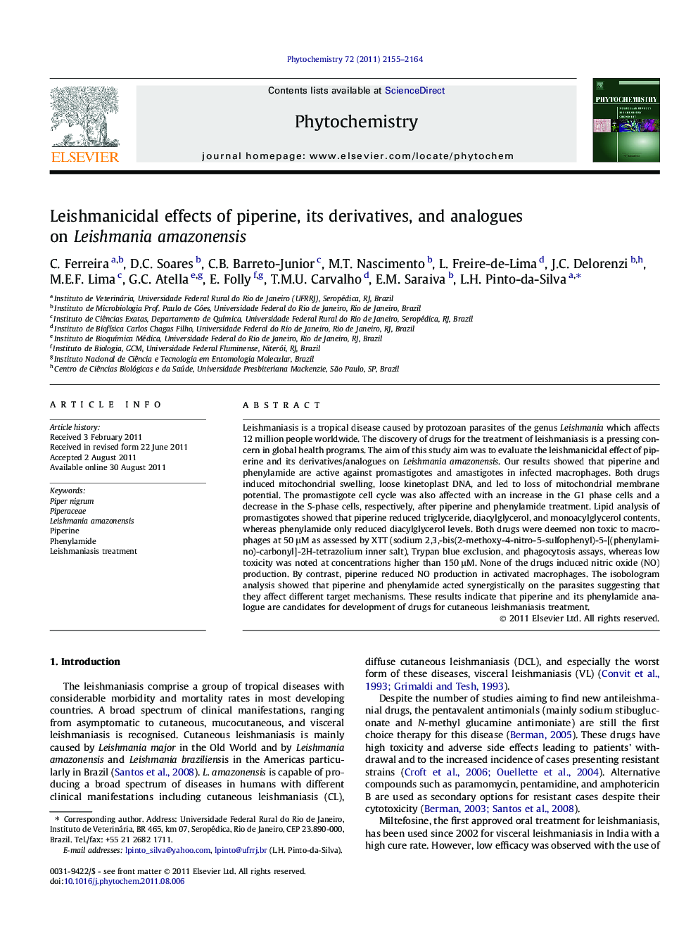 عکس صفحه اول مقاله: Leishmanicidal effects of piperine, its derivatives, and analogues on Leishmania amazonensis Leishmanicidal effects of piperine, its derivatives, and analogues on Leishmania amazonensis
