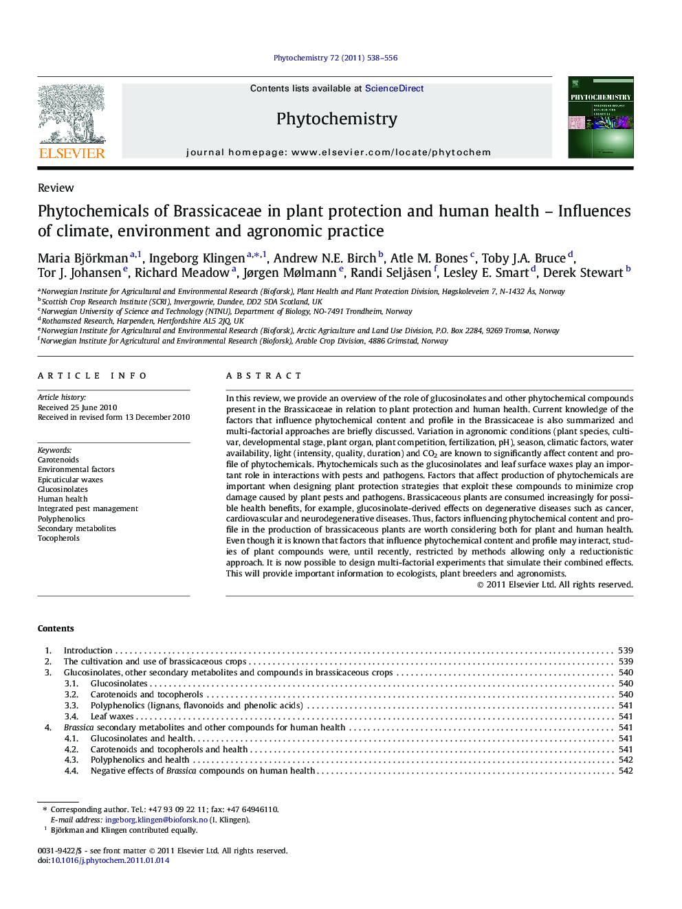 Phytochemicals of Brassicaceae in plant protection and human health - Influences of climate, environment and agronomic practice