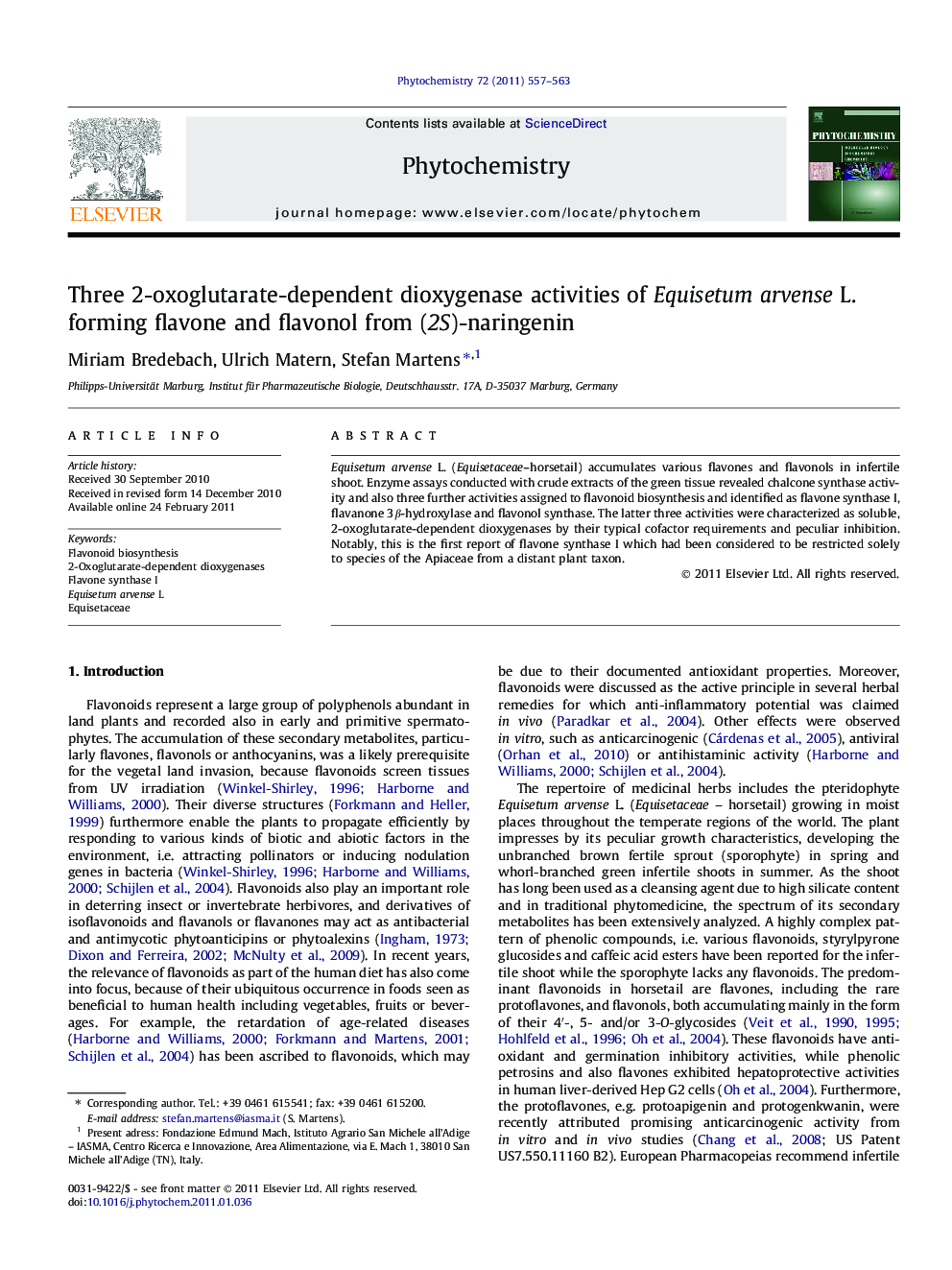 Three 2-oxoglutarate-dependent dioxygenase activities of Equisetum arvense L. forming flavone and flavonol from (2S)-naringenin