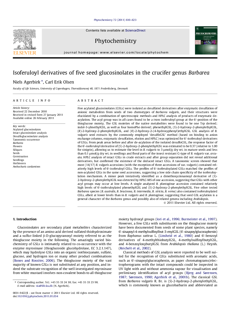 Isoferuloyl derivatives of five seed glucosinolates in the crucifer genus Barbarea