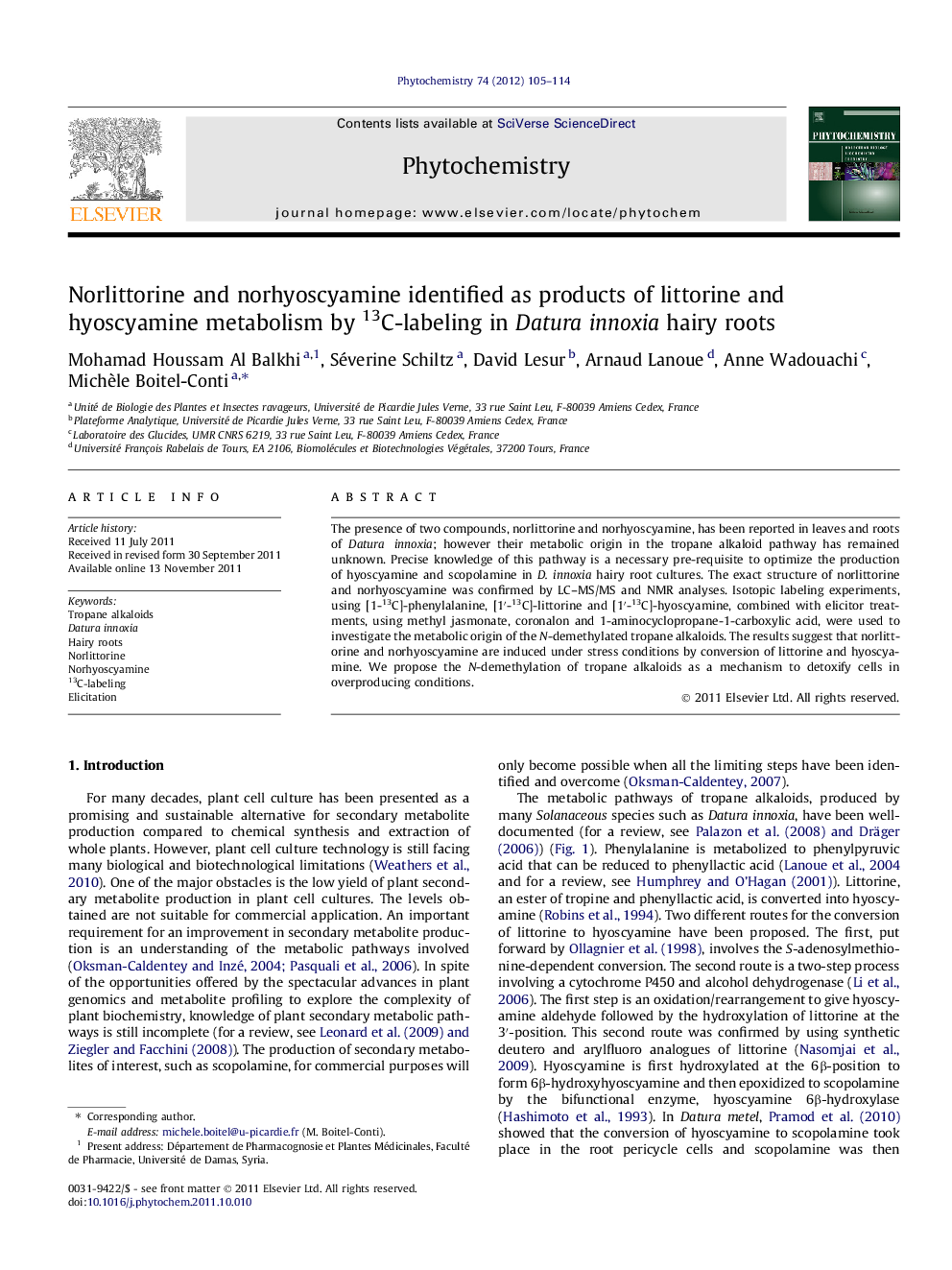 Norlittorine and norhyoscyamine identified as products of littorine and hyoscyamine metabolism by 13C-labeling in Datura innoxia hairy roots