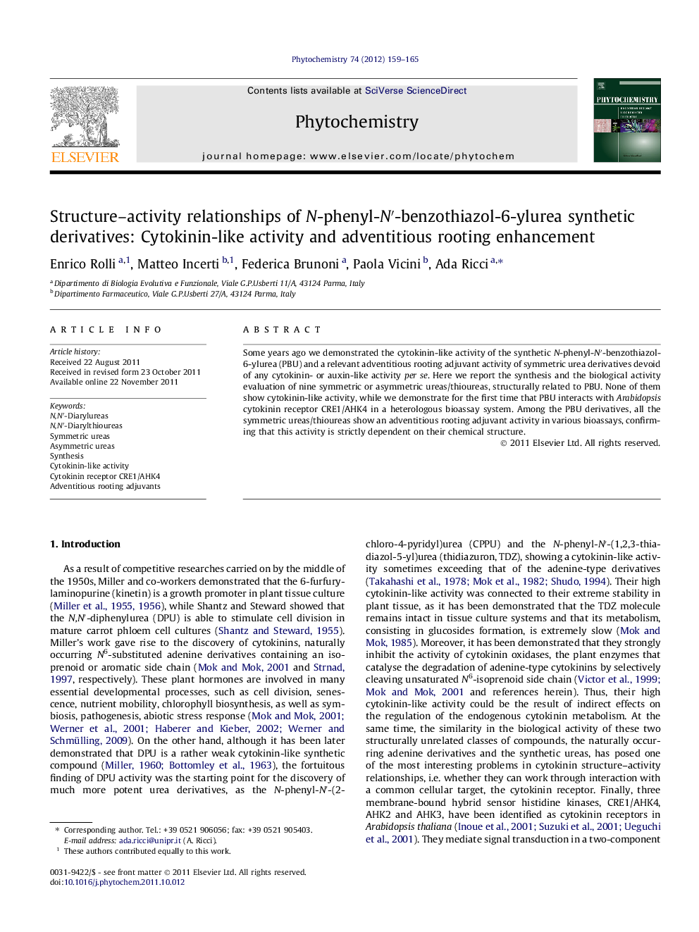 عکس صفحه اول مقاله: Structure-activity relationships of N-phenyl-Nâ²-benzothiazol-6-ylurea synthetic derivatives: Cytokinin-like activity and adventitious rooting enhancement Structure-activity relationships of N-phenyl-Nâ²-benzothiazol-6-ylurea synthetic derivatives: Cytokinin-like activity and adventitious rooting enhancement