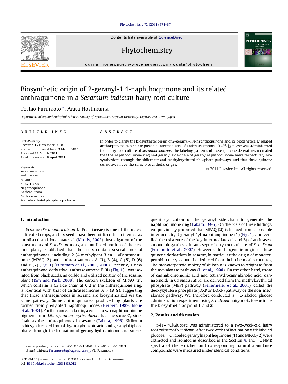 Biosynthetic origin of 2-geranyl-1,4-naphthoquinone and its related anthraquinone in a Sesamum indicum hairy root culture