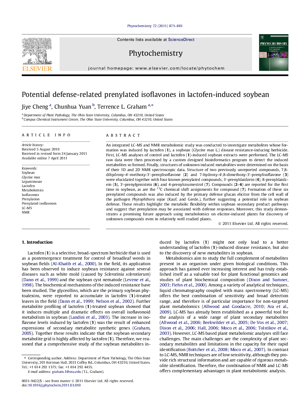 Potential defense-related prenylated isoflavones in lactofen-induced soybean