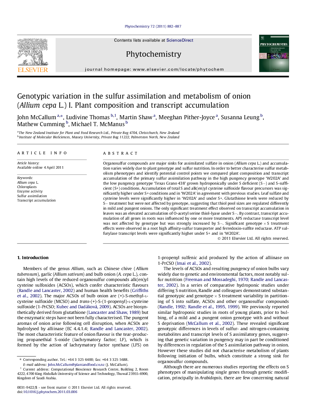 Genotypic variation in the sulfur assimilation and metabolism of onion (Allium cepa L.) I. Plant composition and transcript accumulation