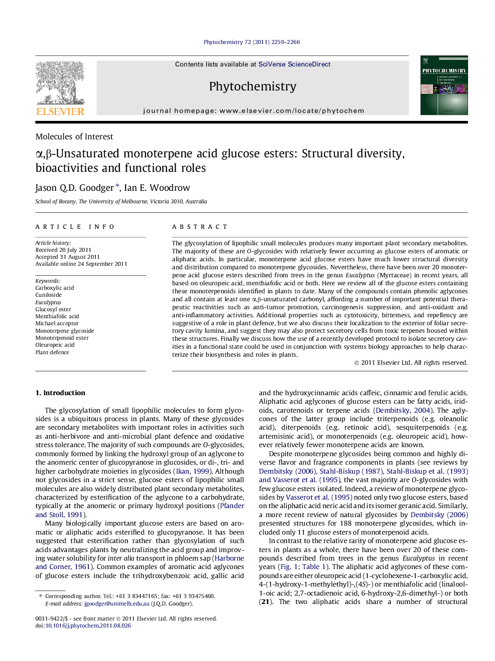 عکس صفحه اول مقاله: α,β-Unsaturated monoterpene acid glucose esters: Structural diversity, bioactivities and functional roles α,β-Unsaturated monoterpene acid glucose esters: Structural diversity, bioactivities and functional roles