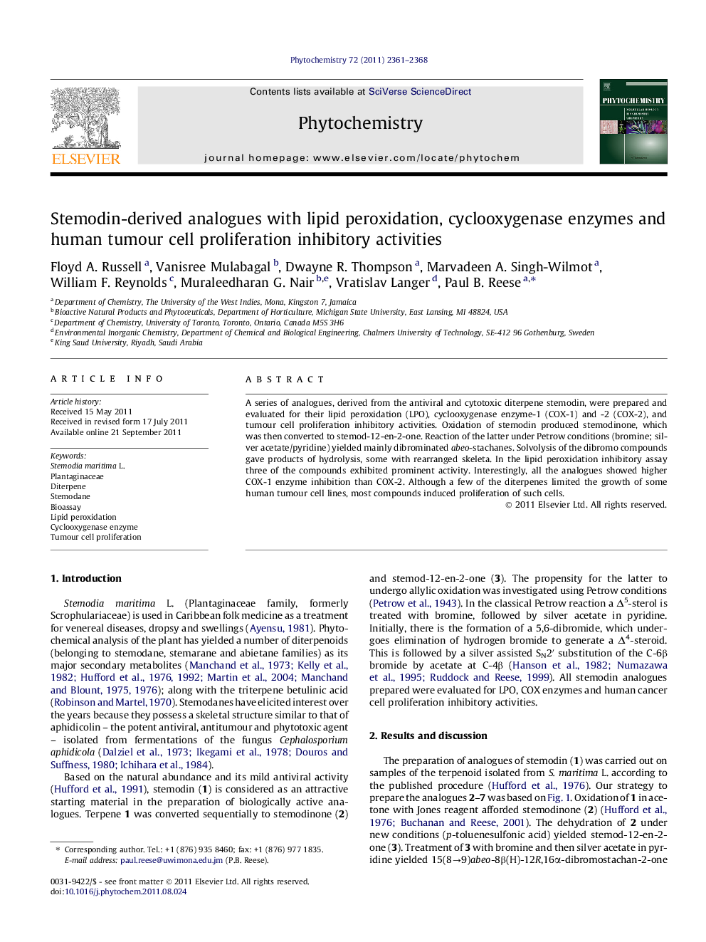 Stemodin-derived analogues with lipid peroxidation, cyclooxygenase enzymes and human tumour cell proliferation inhibitory activities