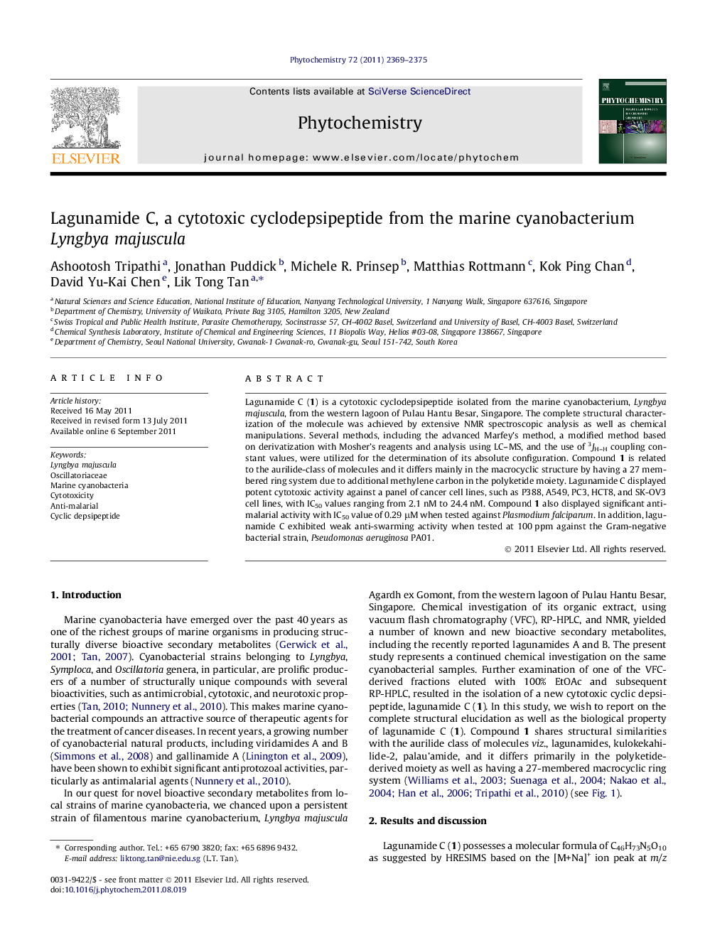 Lagunamide C, a cytotoxic cyclodepsipeptide from the marine cyanobacterium Lyngbya majuscula