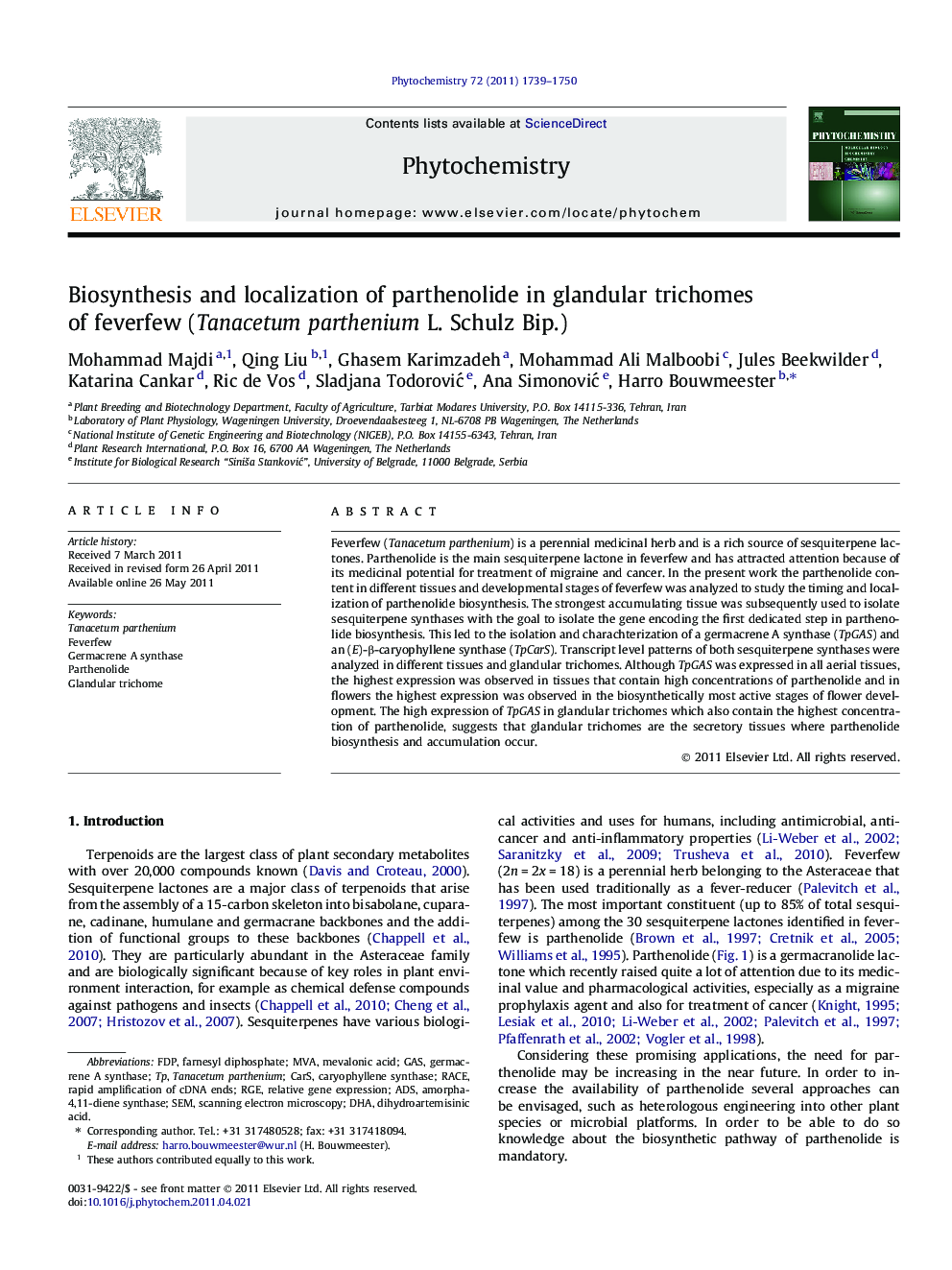Biosynthesis and localization of parthenolide in glandular trichomes of feverfew (Tanacetum parthenium L. Schulz Bip.)