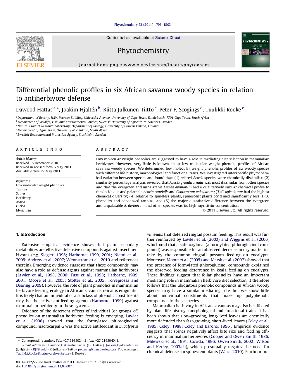 Differential phenolic profiles in six African savanna woody species in relation to antiherbivore defense