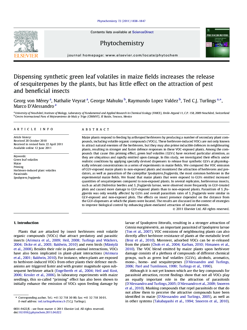 Dispensing synthetic green leaf volatiles in maize fields increases the release of sesquiterpenes by the plants, but has little effect on the attraction of pest and beneficial insects