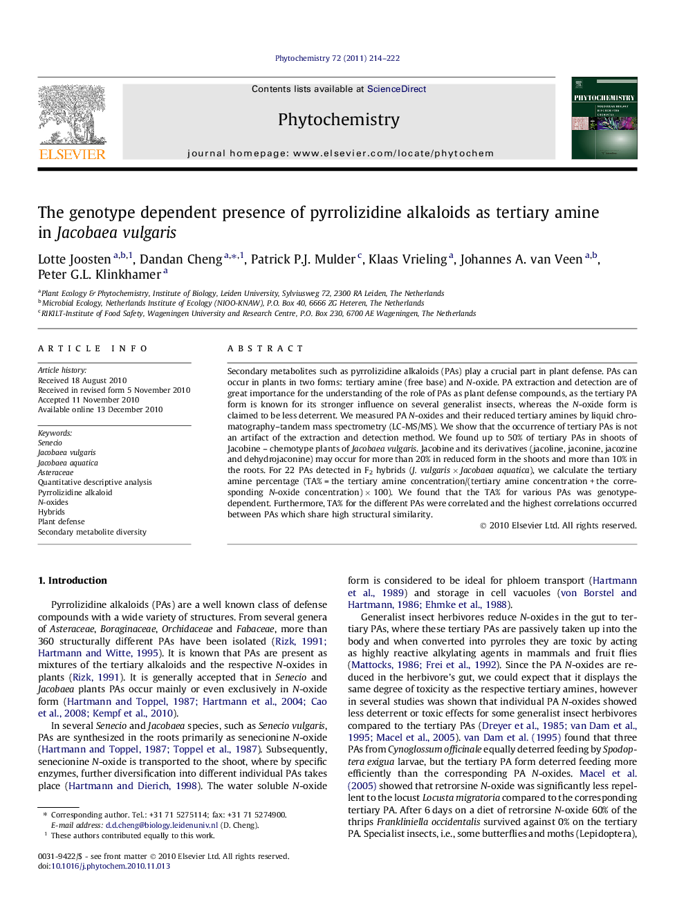 The genotype dependent presence of pyrrolizidine alkaloids as tertiary amine in Jacobaea vulgaris