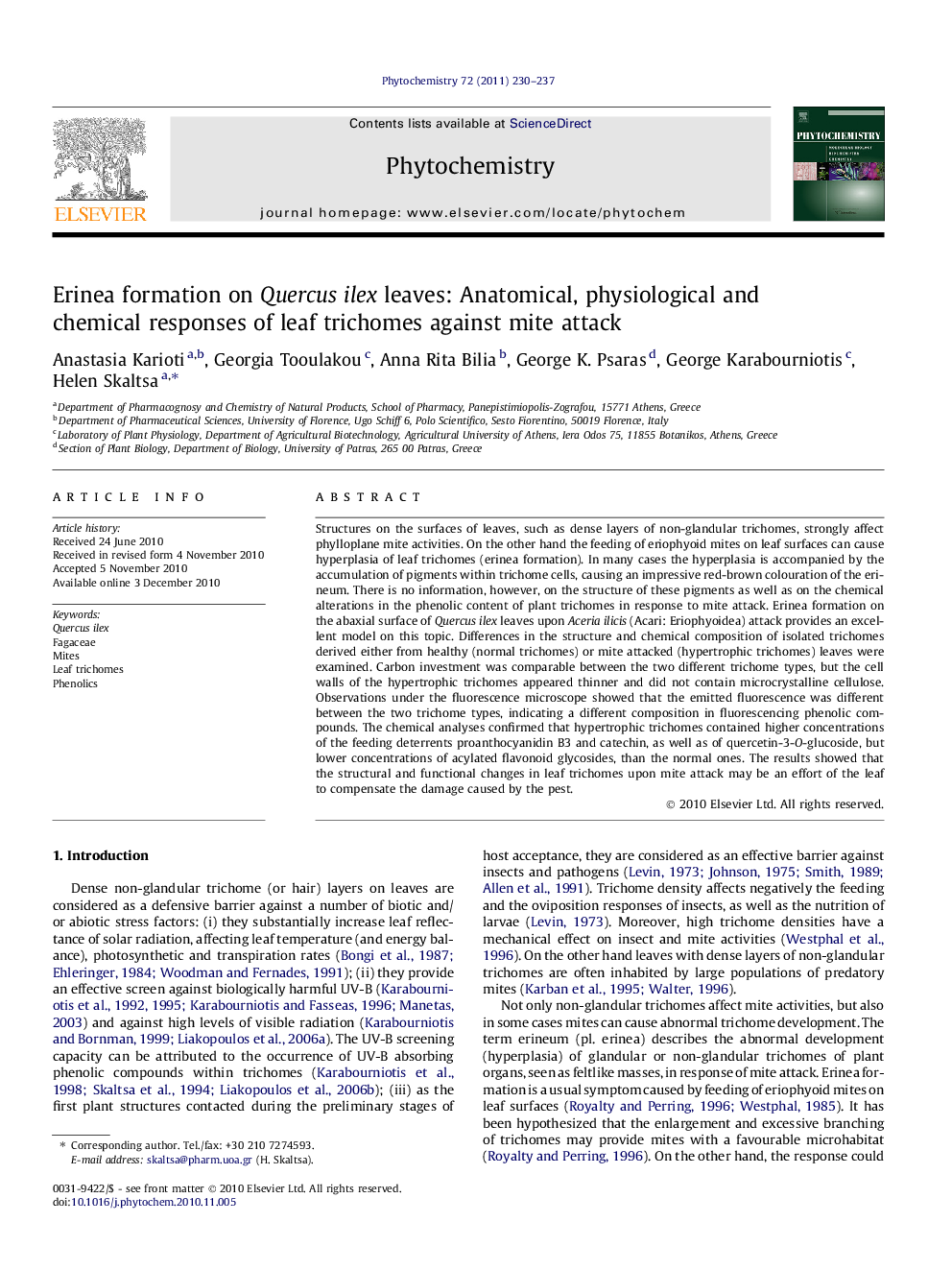 Erinea formation on Quercus ilex leaves: Anatomical, physiological and chemical responses of leaf trichomes against mite attack