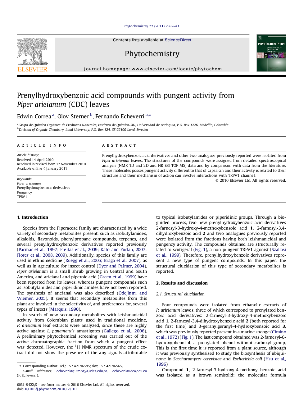 Prenylhydroxybenzoic acid compounds with pungent activity from Piper arieianum (CDC) leaves