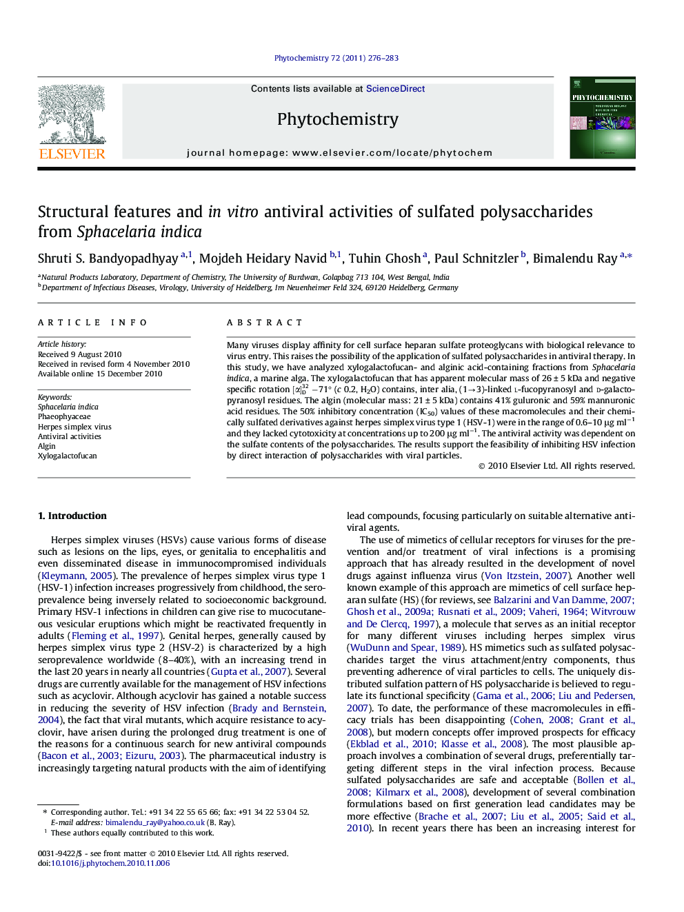 Structural features and in vitro antiviral activities of sulfated polysaccharides from Sphacelaria indica