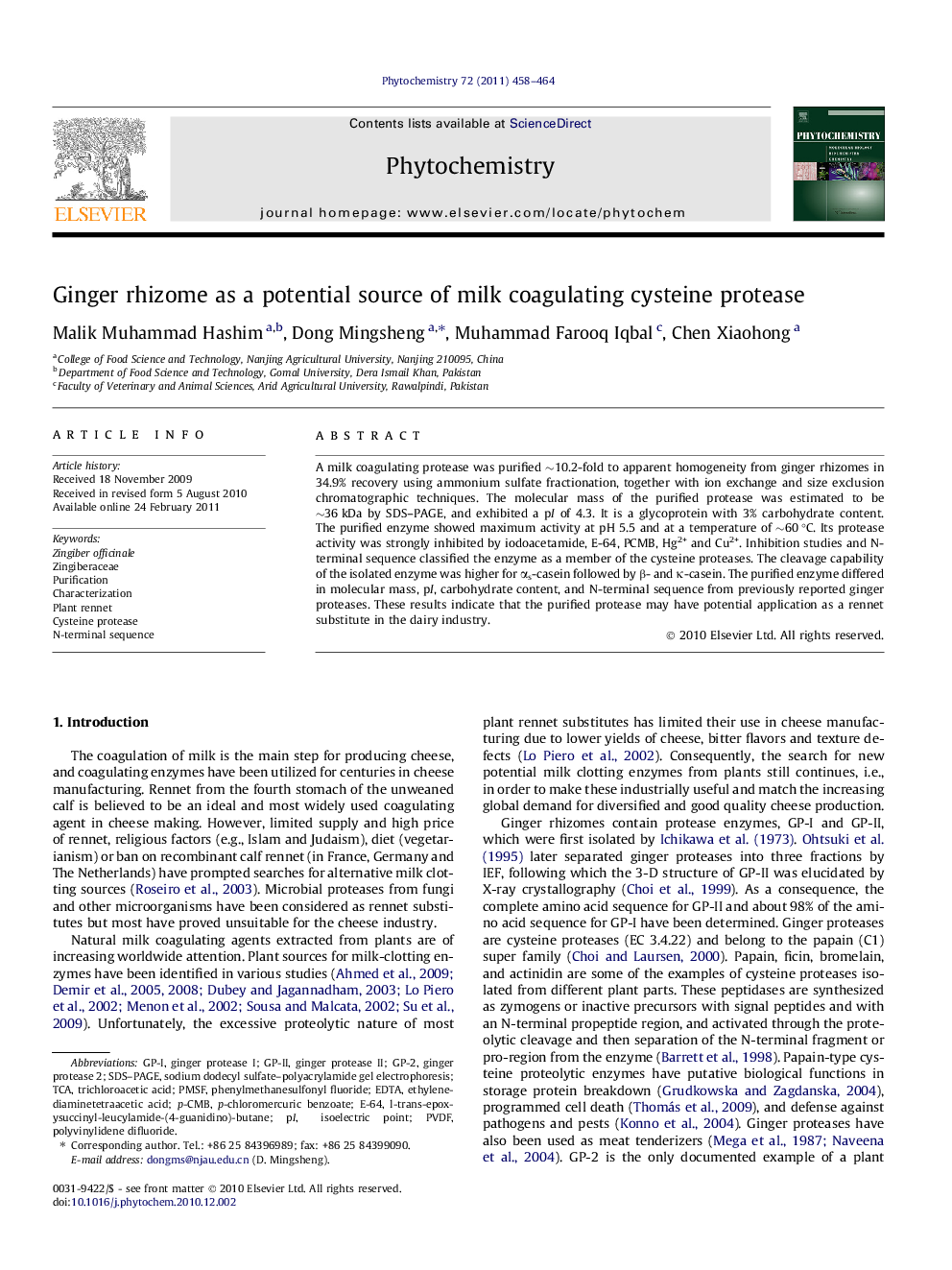 Ginger rhizome as a potential source of milk coagulating cysteine protease