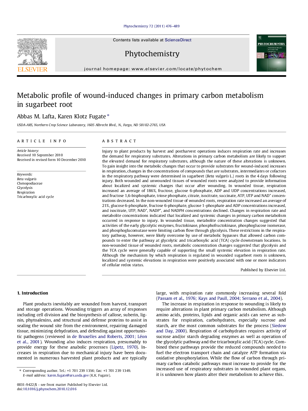 Metabolic profile of wound-induced changes in primary carbon metabolism in sugarbeet root