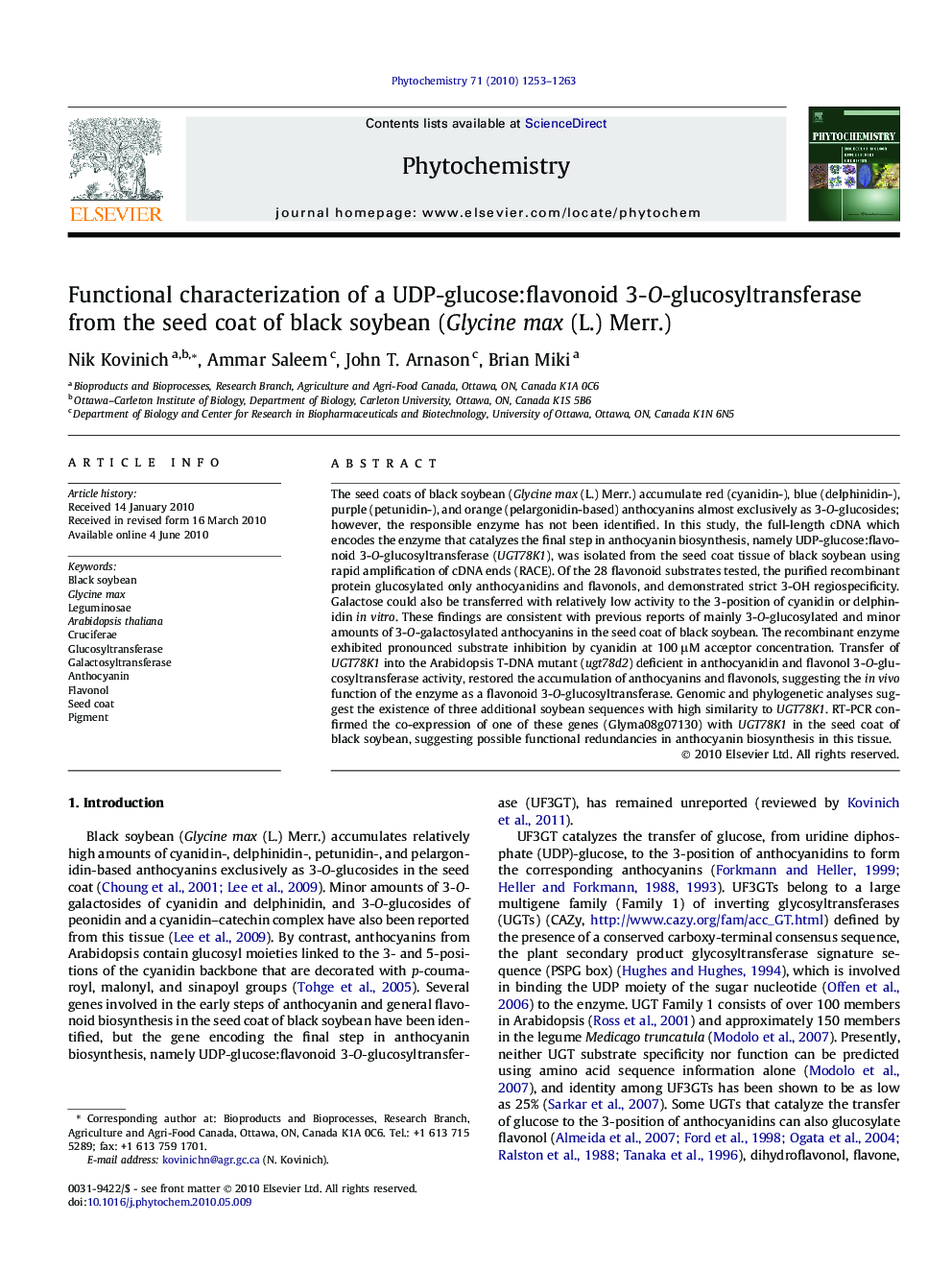 Functional characterization of a UDP-glucose:flavonoid 3-O-glucosyltransferase from the seed coat of black soybean (Glycine max (L.) Merr.)