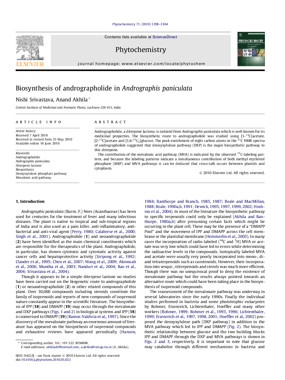 Biosynthesis of andrographolide in Andrographis paniculata