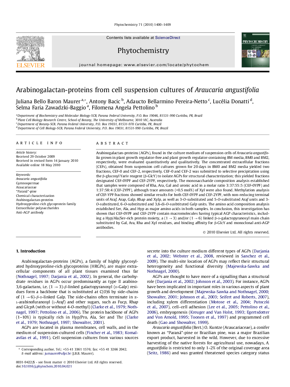 Arabinogalactan-proteins from cell suspension cultures of Araucaria angustifolia