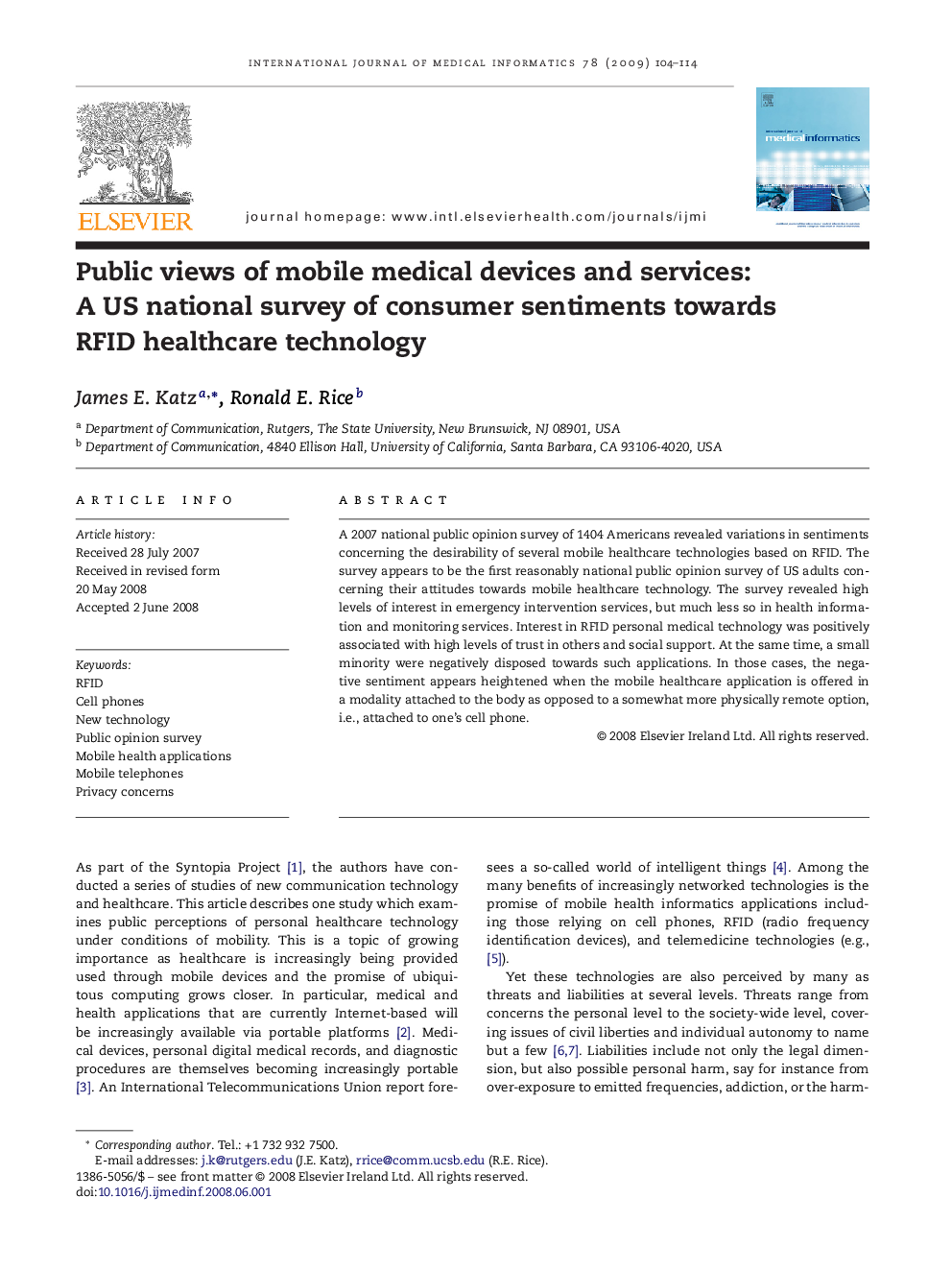 Public views of mobile medical devices and services: A US national survey of consumer sentiments towards RFID healthcare technology