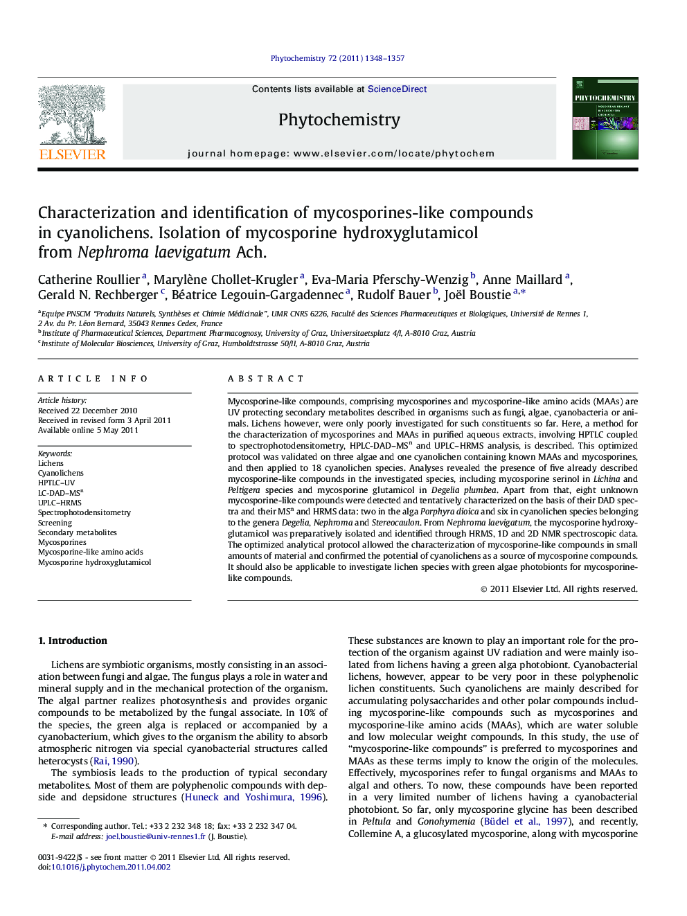 Characterization and identification of mycosporines-like compounds in cyanolichens. Isolation of mycosporine hydroxyglutamicol from Nephroma laevigatum Ach.