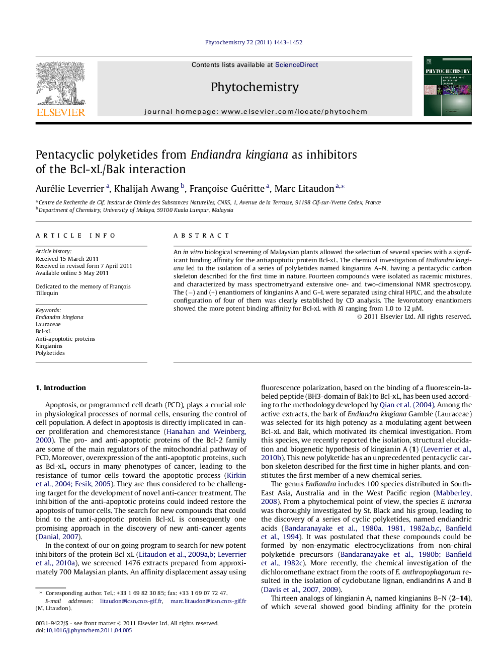 Pentacyclic polyketides from Endiandra kingiana as inhibitors of the Bcl-xL/Bak interaction