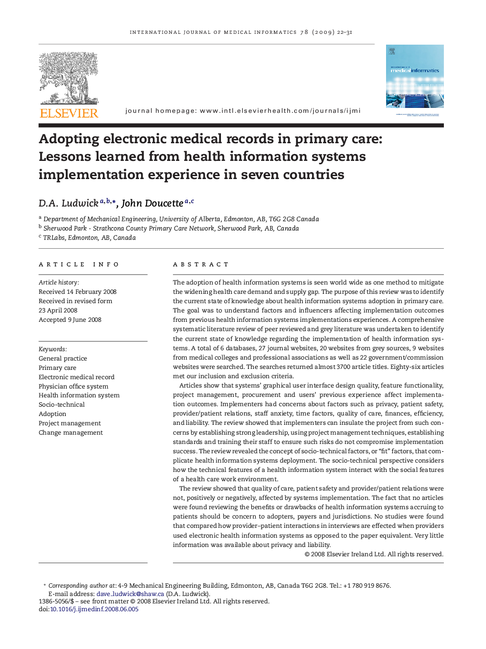 Adopting electronic medical records in primary care: Lessons learned from health information systems implementation experience in seven countries