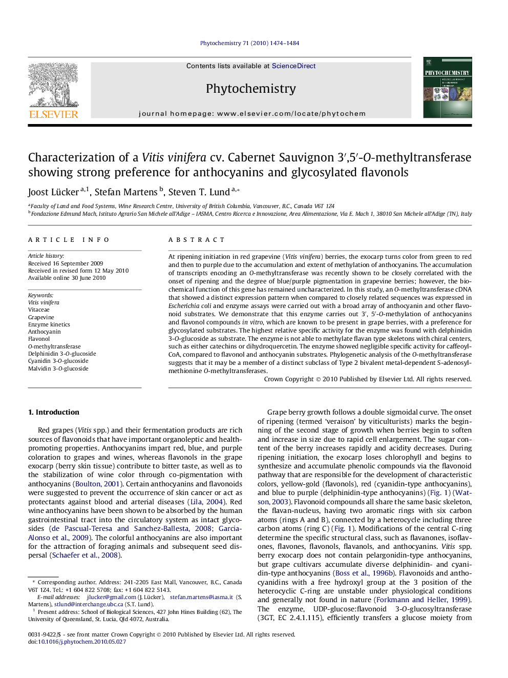 Characterization of a Vitis vinifera cv. Cabernet Sauvignon 3â²,5â²-O-methyltransferase showing strong preference for anthocyanins and glycosylated flavonols