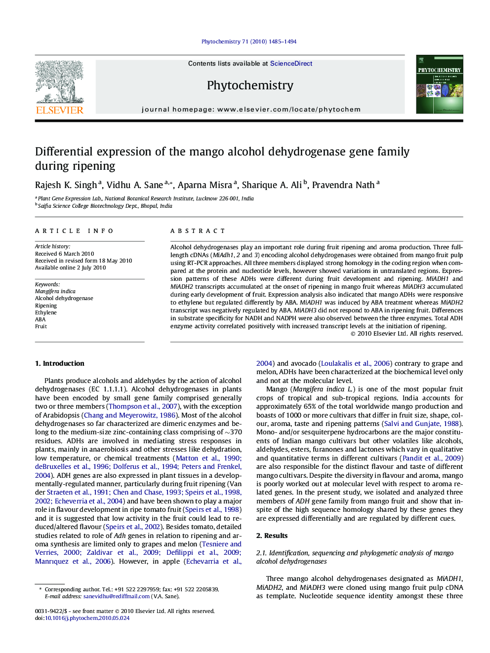 Differential expression of the mango alcohol dehydrogenase gene family during ripening