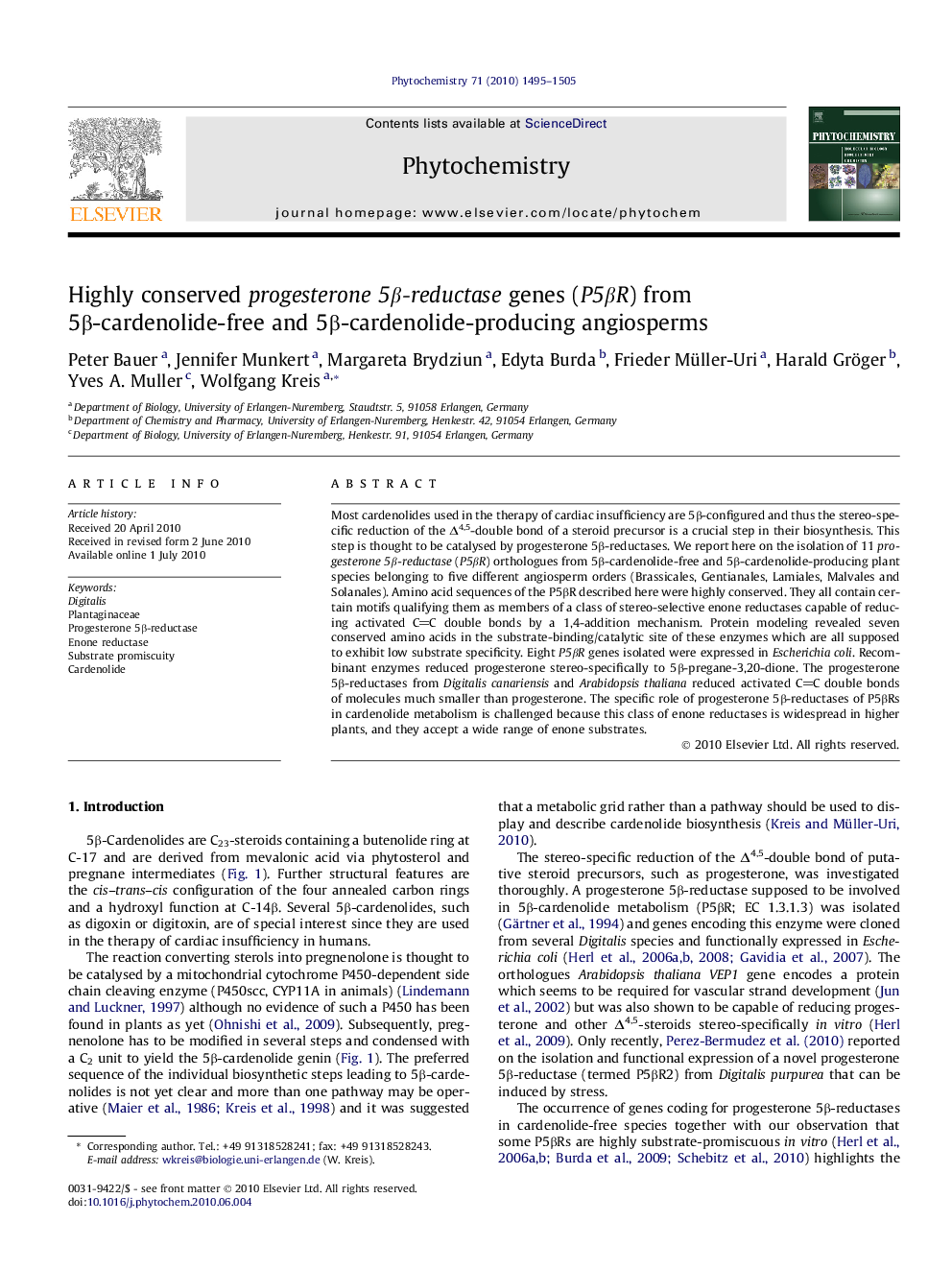 Highly conserved progesterone 5Î²-reductase genes (P5Î²R) from 5Î²-cardenolide-free and 5Î²-cardenolide-producing angiosperms