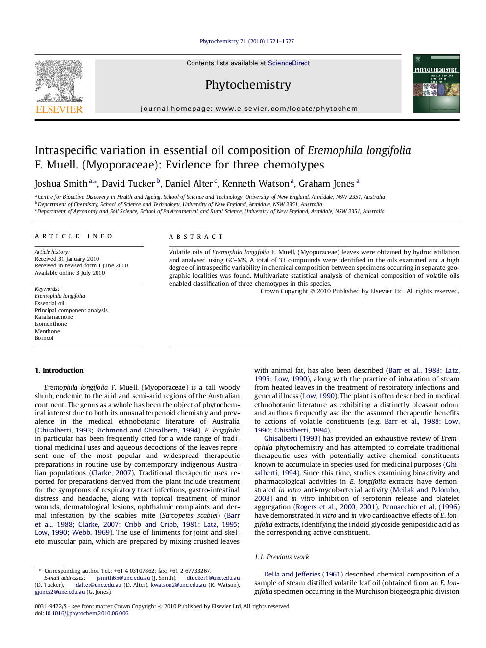 Intraspecific variation in essential oil composition of Eremophila longifolia F. Muell. (Myoporaceae): Evidence for three chemotypes