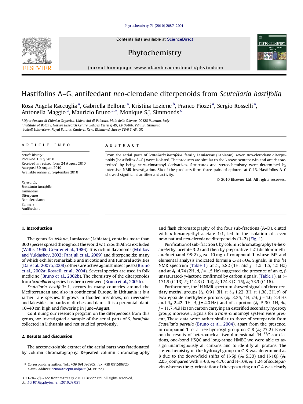 Hastifolins A-G, antifeedant neo-clerodane diterpenoids from Scutellaria hastifolia