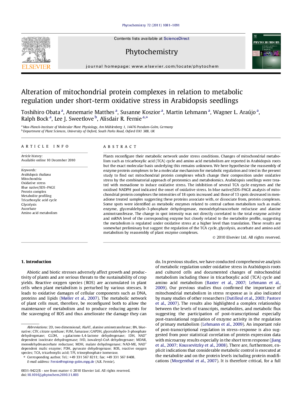 Alteration of mitochondrial protein complexes in relation to metabolic regulation under short-term oxidative stress in Arabidopsis seedlings