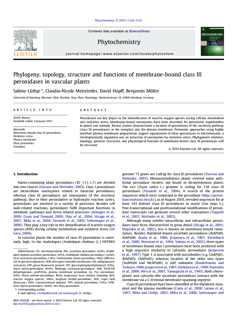 Phylogeny, topology, structure and functions of membrane-bound class III peroxidases in vascular plants