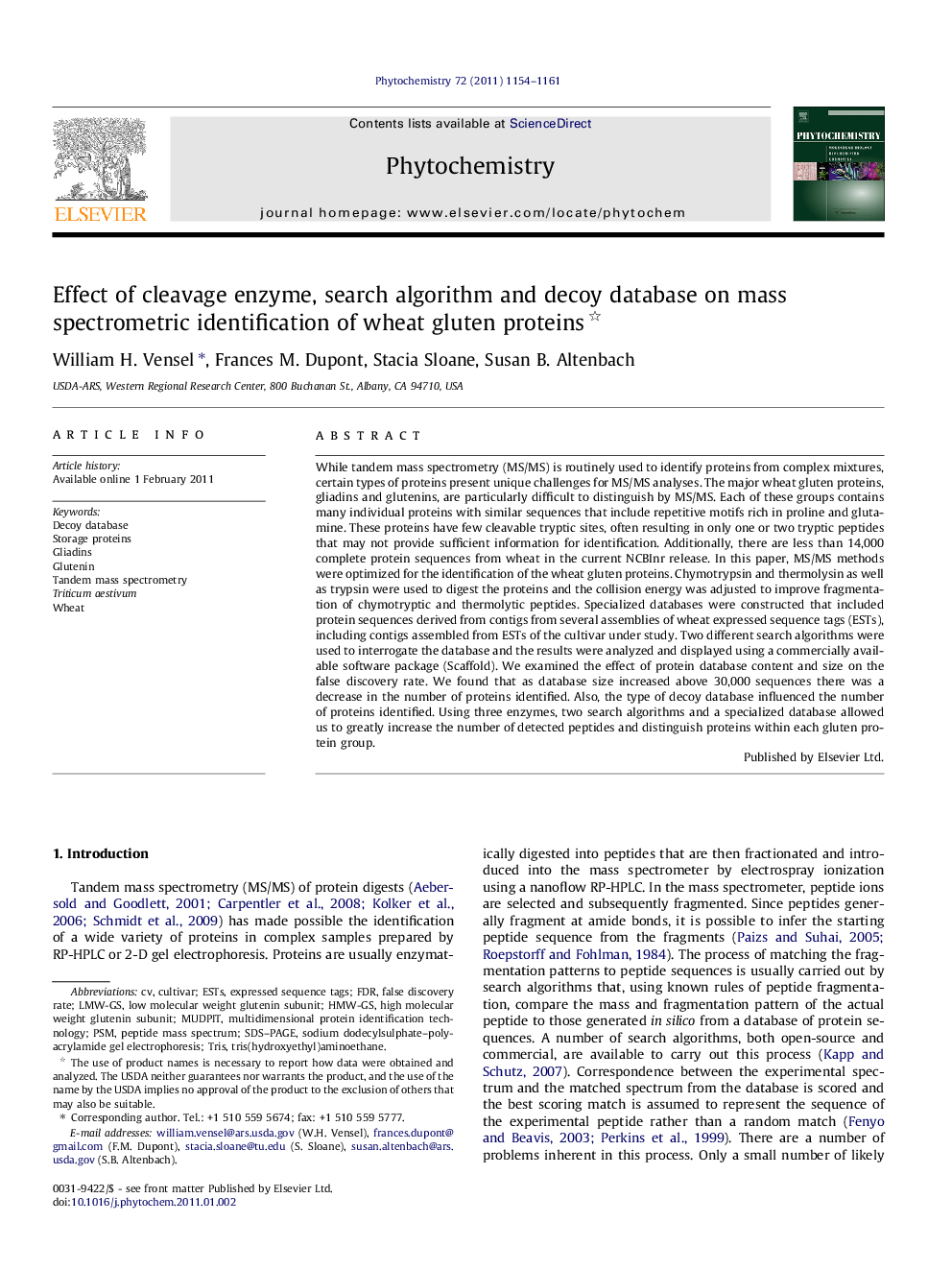 Effect of cleavage enzyme, search algorithm and decoy database on mass spectrometric identification of wheat gluten proteins