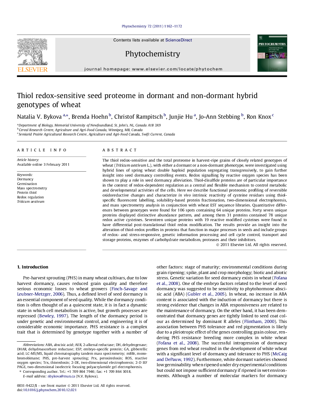 Thiol redox-sensitive seed proteome in dormant and non-dormant hybrid genotypes of wheat