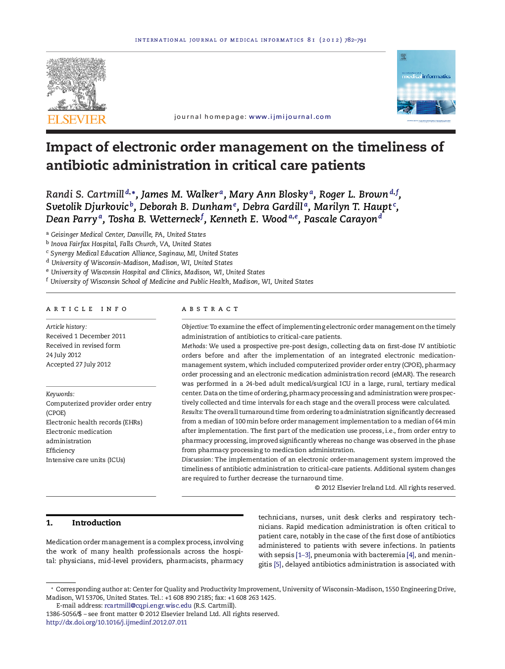 عکس صفحه اول مقاله: Impact of electronic order management on the timeliness of antibiotic administration in critical care patients Impact of electronic order management on the timeliness of antibiotic administration in critical care patients