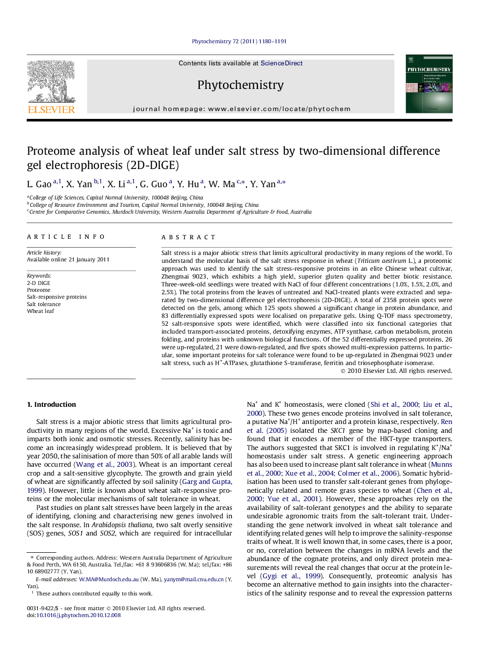 Proteome analysis of wheat leaf under salt stress by two-dimensional difference gel electrophoresis (2D-DIGE)