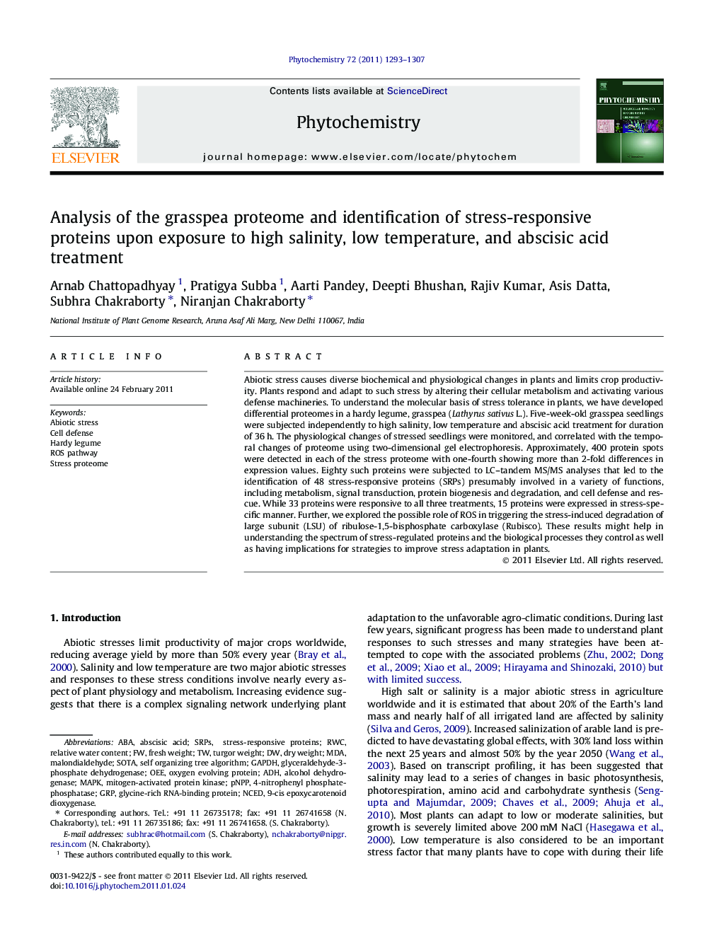 Analysis of the grasspea proteome and identification of stress-responsive proteins upon exposure to high salinity, low temperature, and abscisic acid treatment