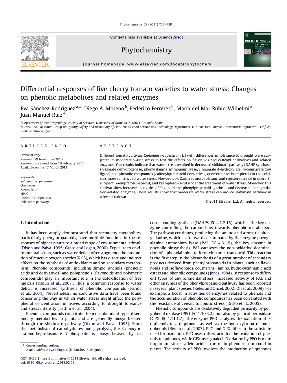 Differential responses of five cherry tomato varieties to water stress: Changes on phenolic metabolites and related enzymes