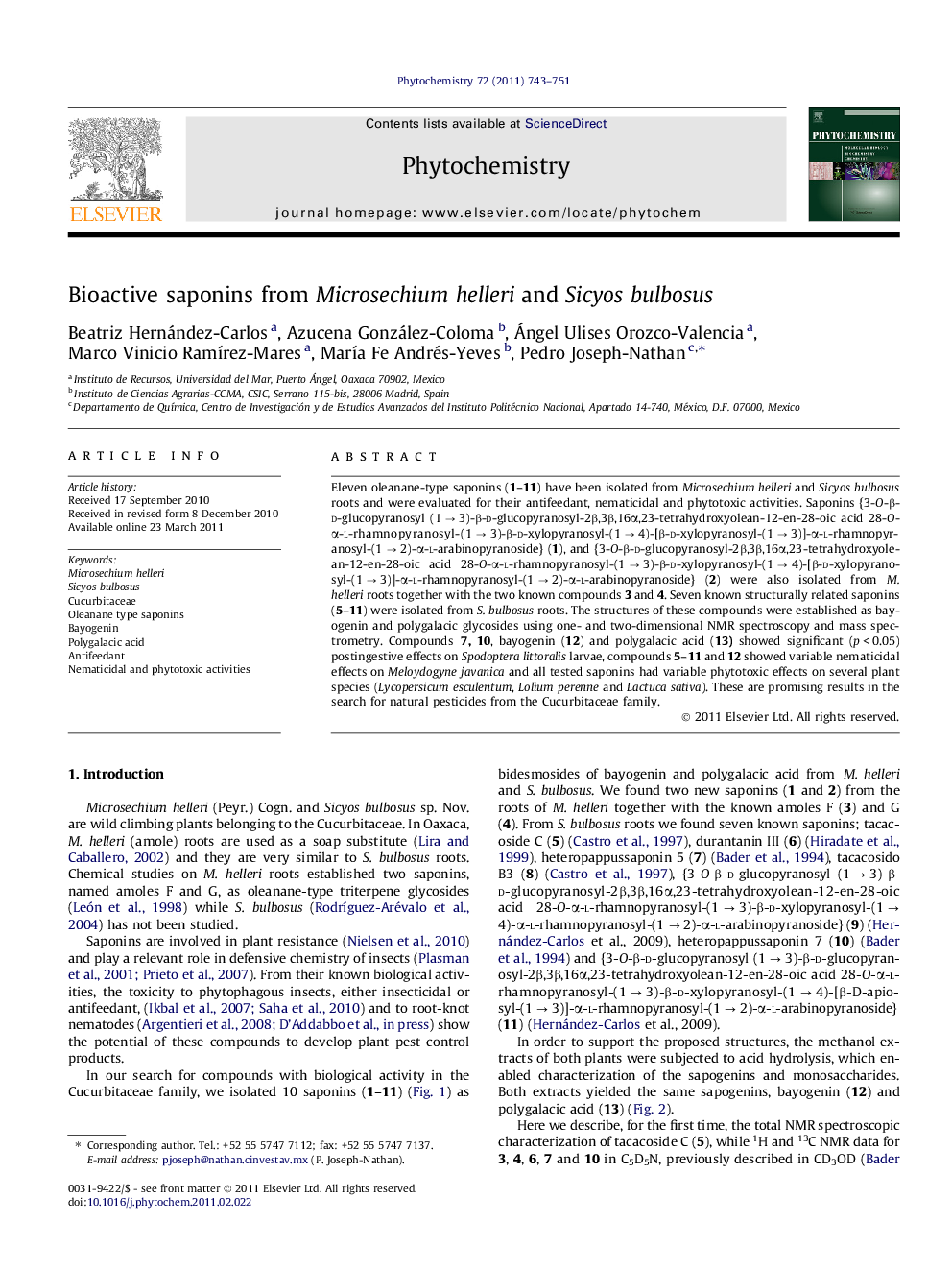 Bioactive saponins from Microsechium helleri and Sicyos bulbosus