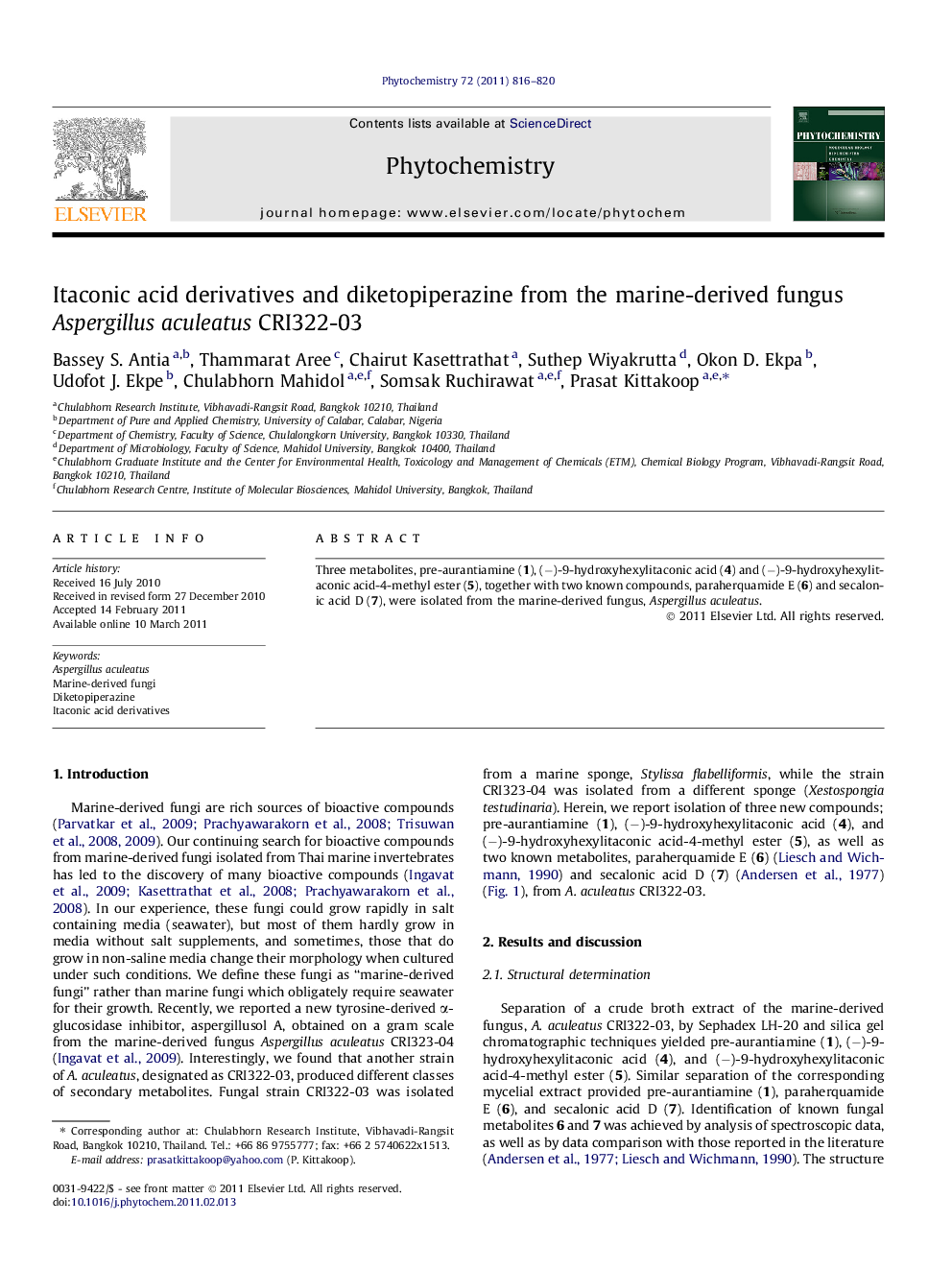 Itaconic acid derivatives and diketopiperazine from the marine-derived fungus Aspergillus aculeatus CRI322-03