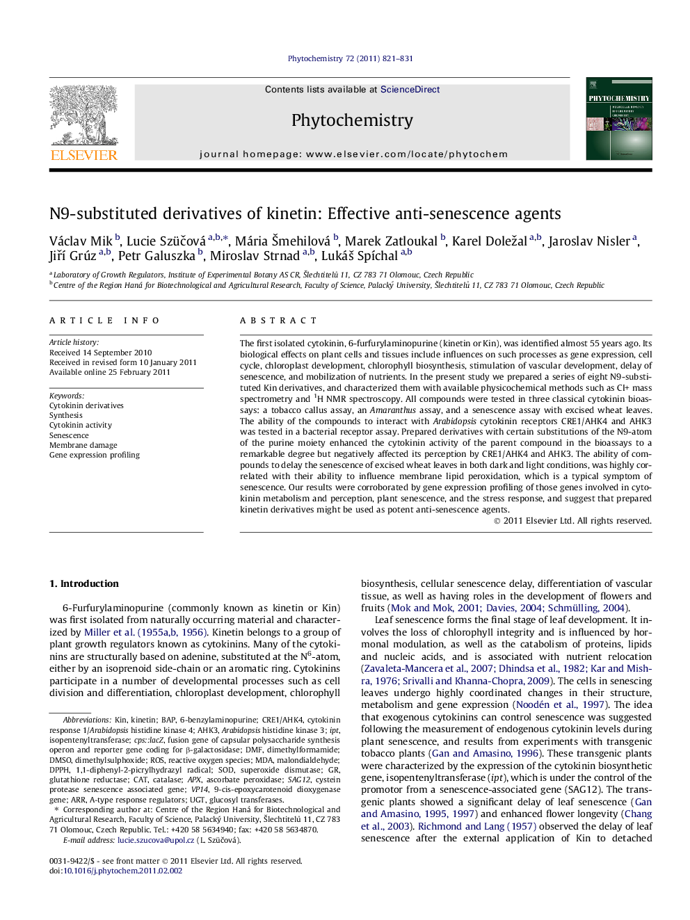 N9-substituted derivatives of kinetin: Effective anti-senescence agents