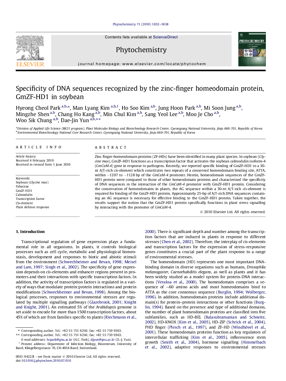 Specificity of DNA sequences recognized by the zinc-finger homeodomain protein, GmZF-HD1 in soybean