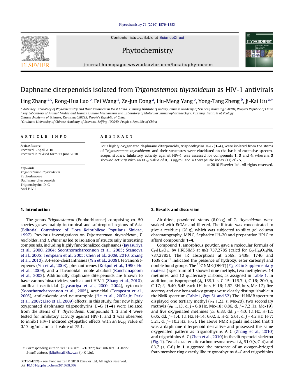 Daphnane diterpenoids isolated from Trigonostemon thyrsoideum as HIV-1 antivirals