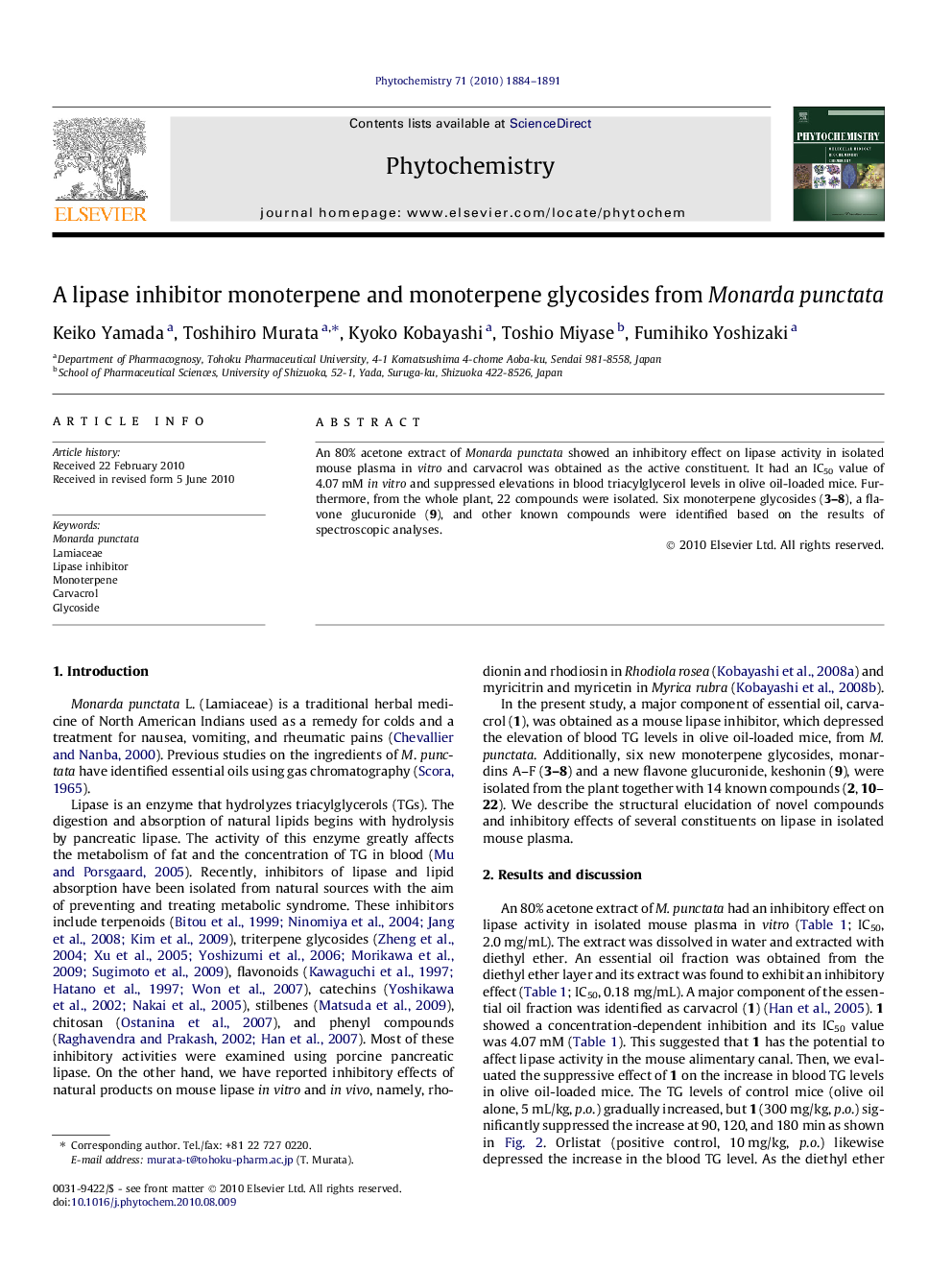 A lipase inhibitor monoterpene and monoterpene glycosides from Monarda punctata